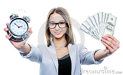 Girl with an alarm and money Stock Photo
