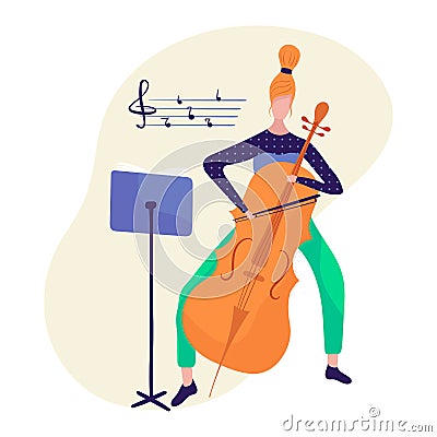 Girl with Alto cello, violoncello, bass-viol learning to play vector illustration, isolated on white background. Female Vector Illustration