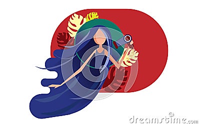 Girl with amazing long hair blowing dry. Young woman with beautiful hairstyle drying locks on red background with leaves monstera Cartoon Illustration