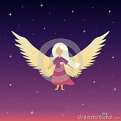 Girl angel in starry night sky. Vector flat Vector Illustration