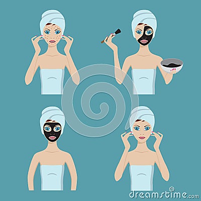 Girl applies cosmetic mask on her face. Vector Illustration