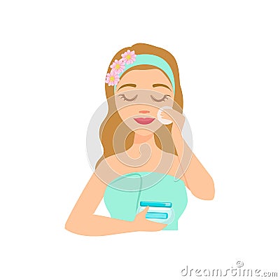 Girl Applying Facial Skincare Product With Cotton Round, Woman With Closed Eyes Doing Home Spa Procedure Illustration Vector Illustration