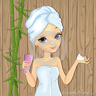 Girl Applying Moisturizer In Spa Vector Illustration