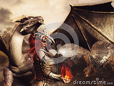 Girl in armor and a dragon Stock Photo