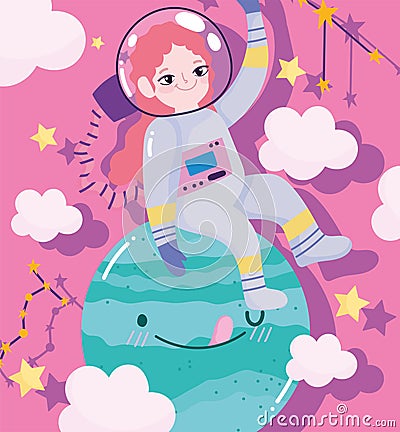 Girl astronaut explore planet space adventure galaxy cartoon Vector Illustration