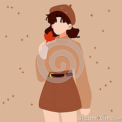 A girl in autumn clothes holds a yellow maple leaf near her head, a portrait of a man without a face.Vector illustration Vector Illustration