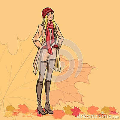 Girl and autumn leaves Vector Illustration