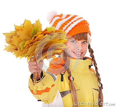 Girl in autumn orange hat holding leaves. Stock Photo