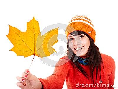 Girl in autumn orange maple leaf. Fall discount. Stock Photo