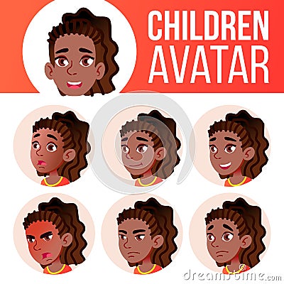 Girl Avatar Set Kid Vector. Black. Afro American. High School. Face Emotions. Facial, People. Active, Joy. Cartoon Head Vector Illustration