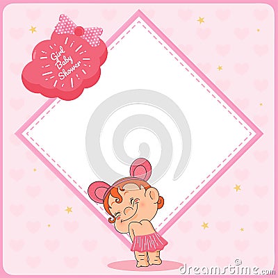 Girl Baby Shower concept with cute little girl funny expression on pink background. Stock Photo