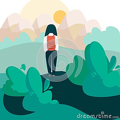 Girl with backpack hiking alone in nature, vector illustration Vector Illustration