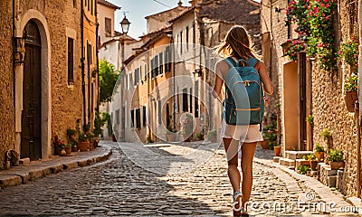 Girl with backpack walking on cobblestone street Stock Photo
