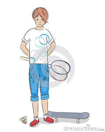 Girl with badminton racket and skateboard Vector Illustration