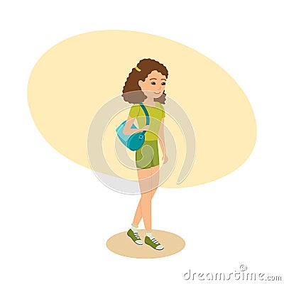 Girl with bag on her shoulder, goes to training. Vector Illustration