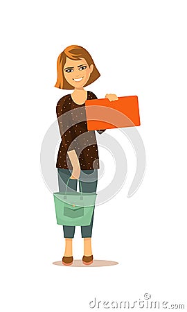 Vector illustration. The girl with the bag stands and shows the card Vector Illustration