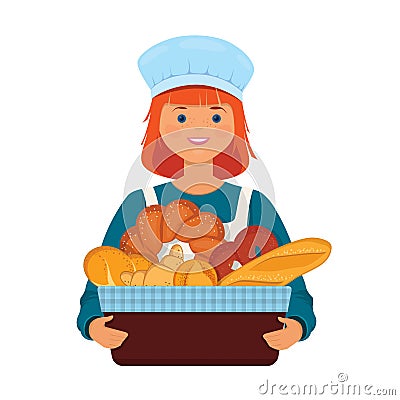 Girl baker holds a basket with fresh bread Vector Illustration