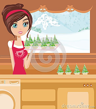 Girl Baking muffins in christmas style Vector Illustration