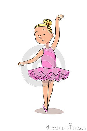 Girl ballerina vector character in pink tutu is dancing. Little dancer performs. Happy childhood, hobby, entertainment Vector Illustration