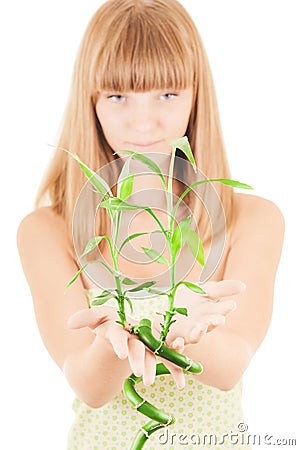Girl with bamboo sprout Stock Photo
