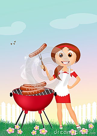 Girl on barbecue Cartoon Illustration