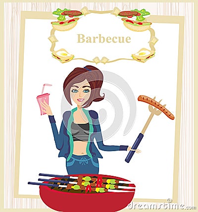 Girl barbecuing meat Vector Illustration