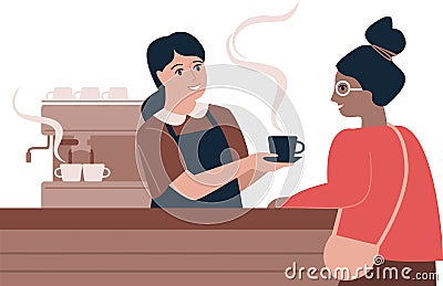 Girl barista serving hot coffee for customer in a coffee house Vector Illustration