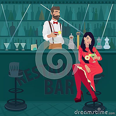 Girl and bartender offer different cocktails Vector Illustration