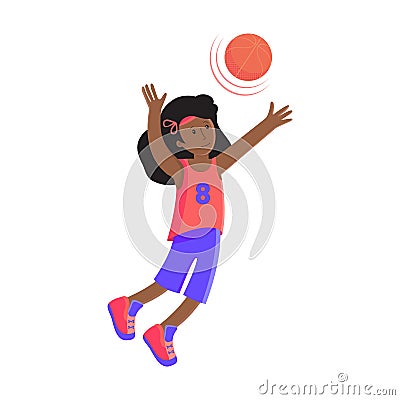 Girl basketball player with the ball. Child plays basketball. Colorful cartoon illustration in flat . Children s sport. Cartoon Illustration