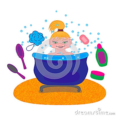 Girl Bath Time - Illustration Vector Illustration