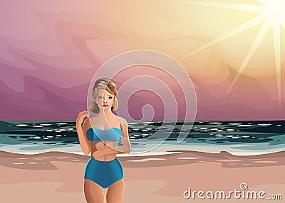 The girl in a bathing suit on the beach, sunset Vector Illustration