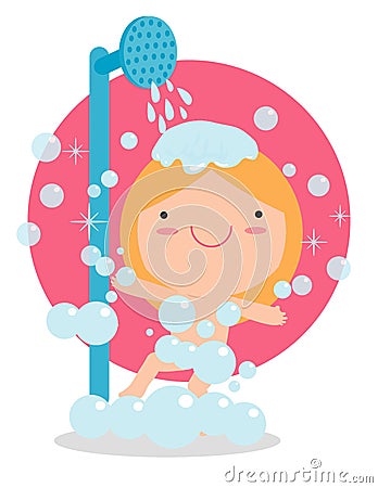 Girl in a bathroom taking a good shower, kids taking shower in bathroom,child healthy lifestyle concept. Vector illustration Vector Illustration