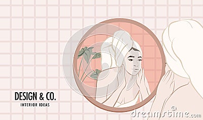 Girl in bathroom weekend illustration. Cartoon flat woman in mirror having spa, making face massage. Relax people concept in Vector Illustration