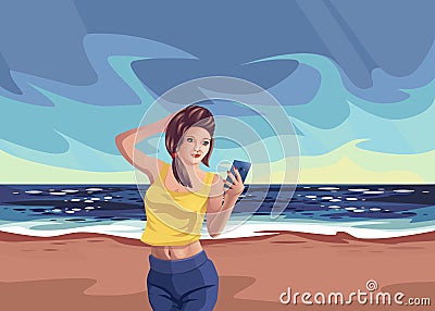 Girl on beach rest sea, Smartphone Vector Illustration