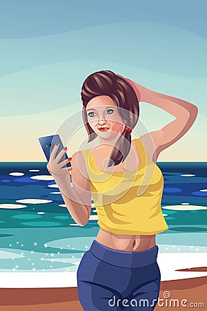 Girl on beach rest, Smartphone message Vector Illustration