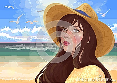 girl on the beach by the sea Vector Illustration