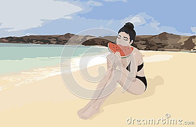 Girl in the beach in a summer day eating a fresh watermelon. Stock Photo