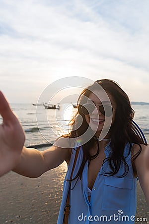 Girl Beach Summer Vacation, Young Woman Take Selfie Photo Sunset Stock Photo