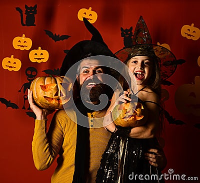 Girl and bearded man with cheerful faces on bloody background Stock Photo