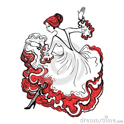 Girl in a beautiful ball gown. Spanish woman dancing flamenco. G Vector Illustration