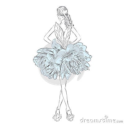 The girl in a beautiful dress of flowers. Vector illustration for a card or poster. Fashion & Style. Vector Illustration