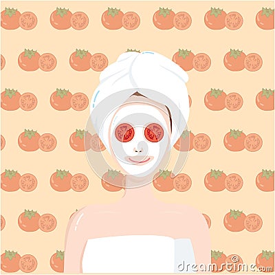 Girl Beauty Facial Mask With Tomato Slice. Vector Illustration Vector Illustration