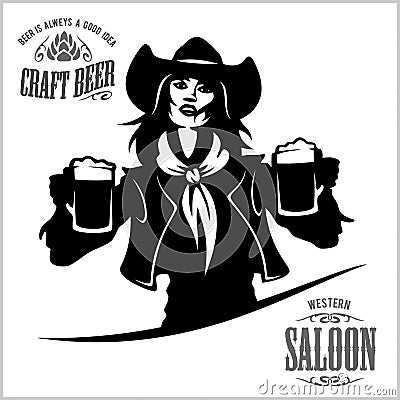 Girl with beer in a cowboy fashion. Vector Illustration