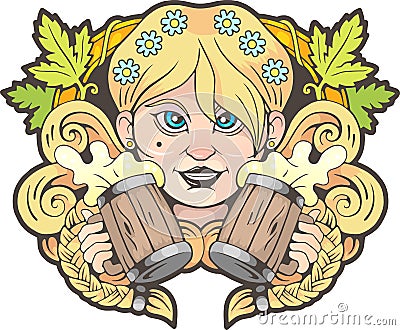Girl with beer in hands, funny illustration, logo Vector Illustration