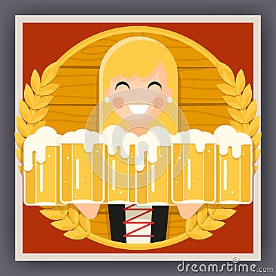 Girl with Beer Mug Oktoberfest Poster Festival Celebration Symbol Flat Design Vector Illustration Vector Illustration