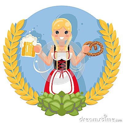 Girl with beer mug pretzel oktoberfest poster festival celebration flat design vector illustration Vector Illustration