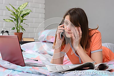 Girl begs by phone of the employer for employment Stock Photo