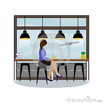 The girl behind the bar counter at the panoramic window at the airport. Vector Illustration