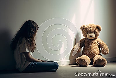 girl behind body with teddy bear sitting and facing an empty white wall in classroom. AI Generated Stock Photo