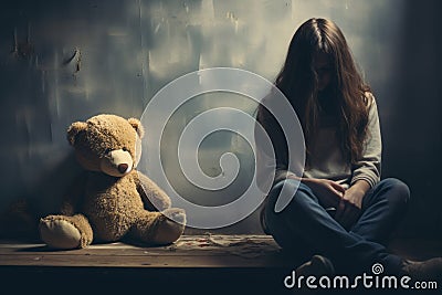 girl behind body with teddy bear sitting and facing an empty white wall in classroom. AI Generated Stock Photo